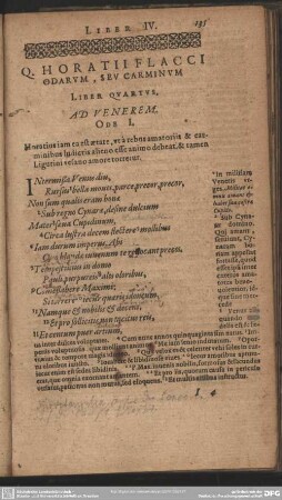 Q. Horatii Flacci Odarum, Seu Carminum Liber Quartus. Ad Venerem. Ode I