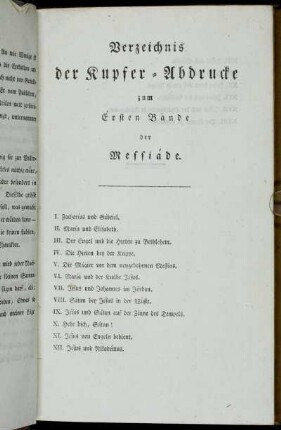 Verzeichnis der Kupfer-Abdrucke zum Ersten Bande der Messiáde.
