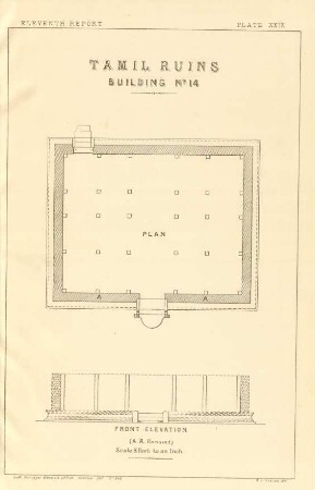 Plate XXIX. Tamil ruins. Building No. 14. Plan. Front elevation.