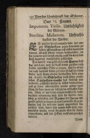 Das VI. Capitel. Impotentia Virilis. Untüchtigkeit der Männer. Sterilitas Mulierum. Unfruchtbarkeit der Weiber.