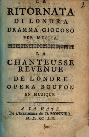 La Ritornata di Londra : Dramma giocoso per musica