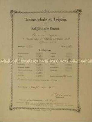Schulzeugnis der Thomasschule Leipzig für Ernst Heinrich Degen, Klasse IIIbB; Ostern 1884
