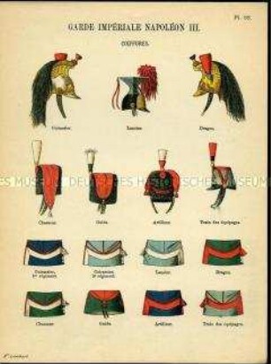 Uniformdarstellung, Detailstudien von Kopfbedeckungen verschiedener Regimenter der Kaiserlichen Garde, Zweites Kaiserreich Frankreich, 1854/1855.