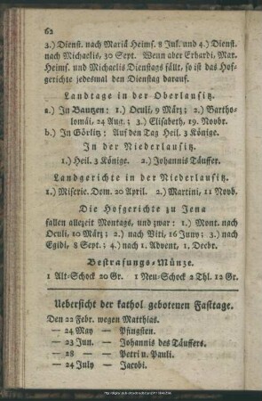 Uebersicht der kath. gebotnen Fasttage