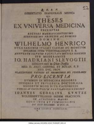 Dissertatio Inavgvralis Medica Qva Theses Ex Vniversa Medicina Excerptae