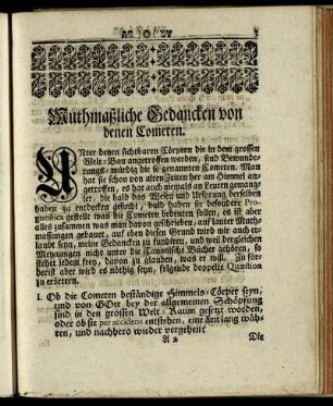 Muthmaßliche Gedancken von denen Cometen.