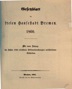 Gesetzblatt der Freien Hansestadt Bremen. 1860. - 1861