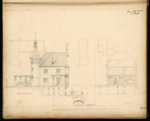 Villa, Cochem Monatskonkurrenz Juni 1884: Aufriss Hofansicht und Querschnitt des Wohnhauses; Maßstabsleiste
