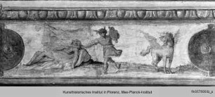 Deckendekoration : Deckenstreifen mit dem Wappen der Strozzi und der Bandini, reitenden Brautleuten und einem Fries mit den Geschichten des Adonis und des Perseus