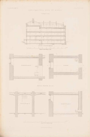 Kreisgericht, Minden: Längsschnitt Gefangenenhaus, Grundriss, Schnitte Zelle (aus: Atlas zur Zeitschrift für Bauwesen, hrsg. v. G. Erbkam, Jg. 5, 1855)