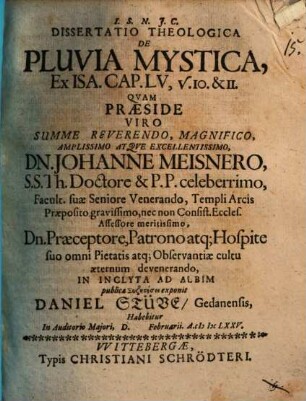Diss. theol. De pluvia mystica, ex Isa. Cap. LV, V. 10. & 11