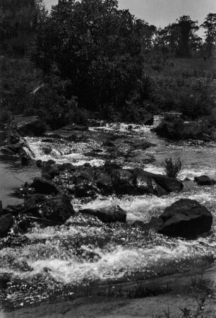 Der Mkushi-Fluss : Der obere Lauf des Mkushi-Flusses. Im Wasser einige Granitblöcke.