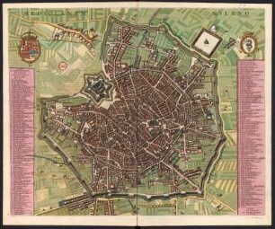 Stadtplan von Mailand, Italien, kolorierter Kupferstich, ca. 1730 : Mediolanum vulgo Milano : Avec Privilege / I. Blaeu Excud. - Amsterdam : Pierre Mortier, s.a. [ca. 1730]. - 1 Plan : Kupferstich ; 49 x 60 cm. - Mit Gebäudeverz. - Mit 2 Wappen