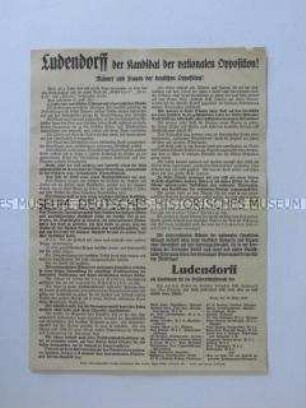 Propagandaflugblatt zur Reichspräsidentenwahl 1925 für die Wahl von Ludendorff