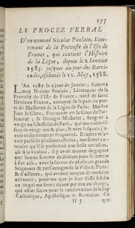 Le Procez Verbal D'un nommé Nicolas Poulain, Lieutenant de la Prevoste de l'Isle de France, qui contient l'Histoire de la Ligue [...]