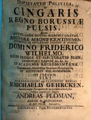 Disputatio Politica De Cingaris Regno Borussiae Pulsis