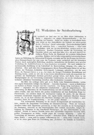 VI. Werkstätten für Steinbearbeitung