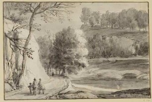 Landschaft mit bewachsenen Bergen, vorn links zwei Reiter und ein Fußgänger