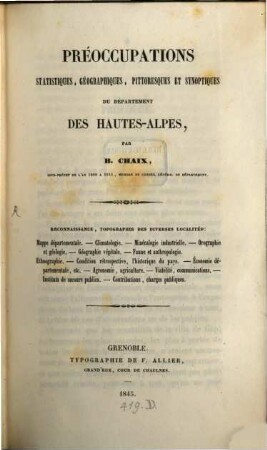 Préoccupations statistiques, geographiques, pittoresques et Synoptiques du Département des Hautes-Alpes