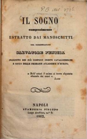 Il Sogno, componimento estratto dai manoscritti del Commendatore Salvatore Fenicia