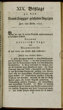 XIX. Beylage zu den Neuen Leipziger gelehrten Anzeigen - Zum 1sten Octbr. 1797.