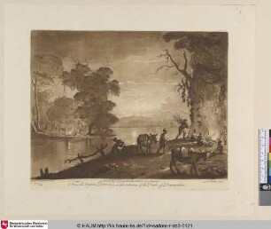 [Landschaft mit Mondschein und Reisenden bei Wachtfeuer; A Landscape, by Moon-light, with Peasants lighting a Fire]