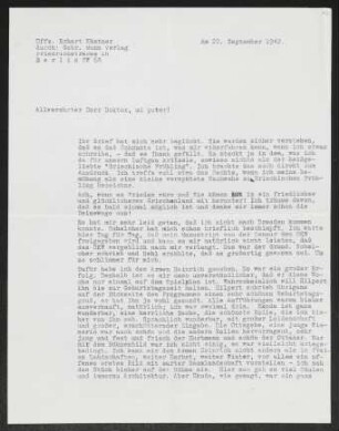 Brief von Erhart Kästner an Gerhart Hauptmann