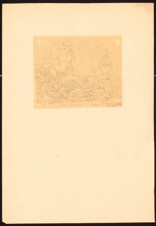Jüdin im Hause, Tanger: Vorderansicht einer auf dem Boden sitzenden, sich einen Zopf flechtenden Frau im orientalischen Ambiente (Nach- oder Durchzeichnung nach Westermann’s illustrirte deutsche Monatshefte, 1865, S. 48)
