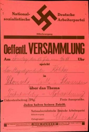 Versammlung der NSDAP-Ortsgruppe Schonach: Tributreichstag - Notverordnung
