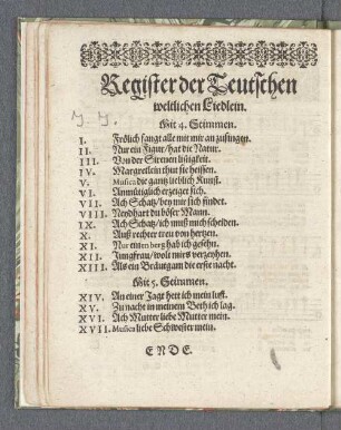 Register der Teutschen weltlichen Liedlein