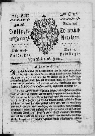 24tes Stück, Ausgabe vom 16. Junii 1773
