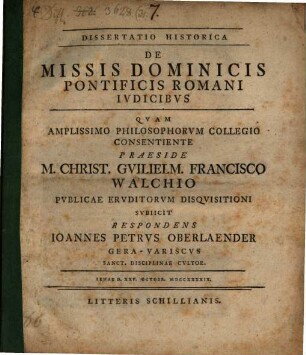 Dissertatio Historica De Missis Dominicis Pontificis Romani Ivdicibvs