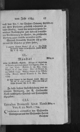 CLI. Extractus Protocolli Senat. Hamb. Ven. d. 12. Mart. 1784.