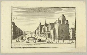 Die Nikolaikirche in Leipzig von Nordwesten mit den Pfarrhäusern links und dem Fürstencollegium im Hintergrund, aus Bodenehrs Europens Pracht und Macht: Prospekte, um 1720