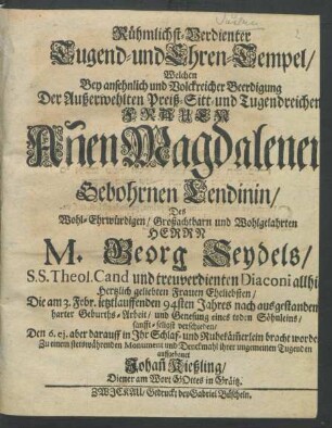Rühmlichst-Verdienter Tugend- und Ehren-Tempel