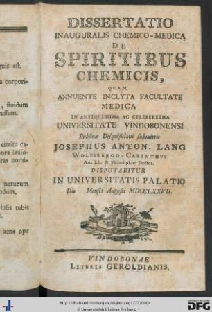 Dissertatio Inauguralis Chemico-Medica De Spiritibus Chemicis