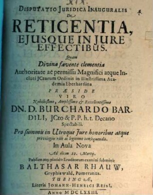 Disp. iur. inaug. de reticentia, eiusque in iure effectibus