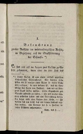I. Beleuchtung zweier Aufsätze im würtembergischen Archiv, in Beziehung auf die Stallfütterung der Schaafe