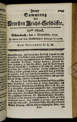 67tes Stuck. Schwabach, den 1. November, 1757.