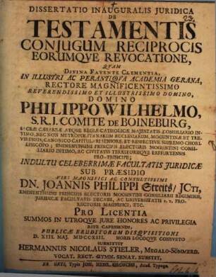 Diss. inaug. iur. de testamentis coniugum reciprocis eorumque revocatione