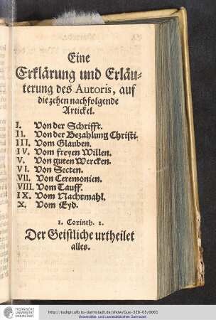 Eine Erklärung und Erläuterung des Auctoris, auf die zehen nachfolgende Artickel
