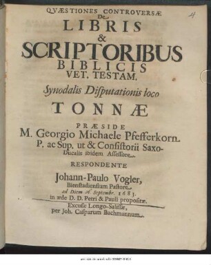 Quaestiones Controversae De Libris & Scriptoribus Biblicis Vet. Testam.