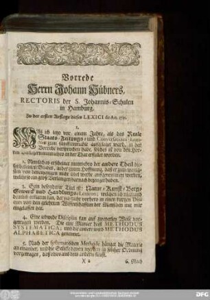 Vorrede Herrn Johann Hübners, Rectoris der S. Johannis-Schulen in Hamburg, Zuder ersten Auflage dieses Lexici de An. 1712.