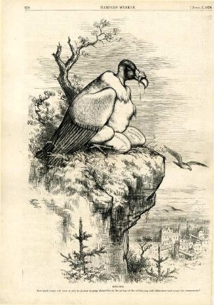 Hatching. How much longer will the birds of prey be allowed to gorge themselves on the savings of the self-denying and industrious- and escape the consequences? : ein Geier sitzt in einem Nest und brütet Eier aus, die den Kommunismus und Gewinne durch leichtsinnige Spekulation darstellen. Weitere Geier schweben über bankrotten Banken und Versicherungen