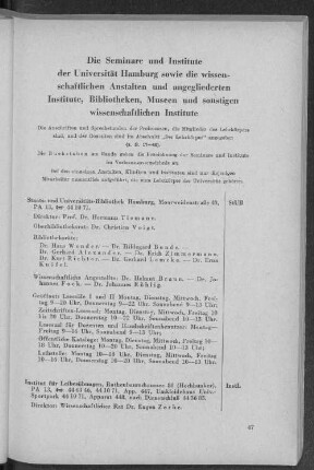 Die Seminare und Institute der Universität Hamburg sowie die wissenschaftlichen Anstalten und angegliederten Institute, Bibliotheken, Museen und sonstigen wissenschaftlichen Institute