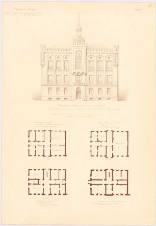 Rathaus, Striegau 2. Projekt: Grundriss Keller, Erdgeschoss, 1. und 2. Obergeschoss; Aufriss Hauptansicht; 2 Maßstabsleisten
