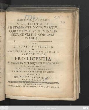 Dissertatio Inavgvralis De Validitate Testamenti Nvncvpativi Coram Dvobus Nominatis Secvndvm Ivs Noricvm Conditi