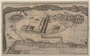 Topographische Karte von Bad Pyrmont in Niedersachsen, mit dem Schloss, Heilbad, Kurpark, Ortschaft und umliegenden Feldern und Wiesen, aus der Vogelperspektive, aus: "Neue Beschreibung der Pyrmontischen Stahl-Brunnen [...]"