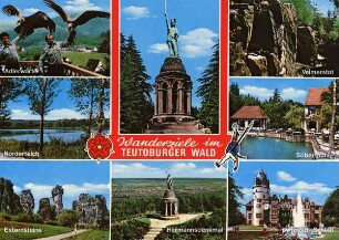Postkarte. Wanderziele im Teutoburger Wald. Adlerwarte, Norderteich, Externsteine, Hermannsdenkmal, Detmold-Schloß, Silbermühle, Velmerstot