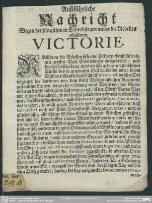 Außführliche Nachricht Wegen der jüngsthin in Sibenbürgen wider die Rebellen erhaltenen Victorie